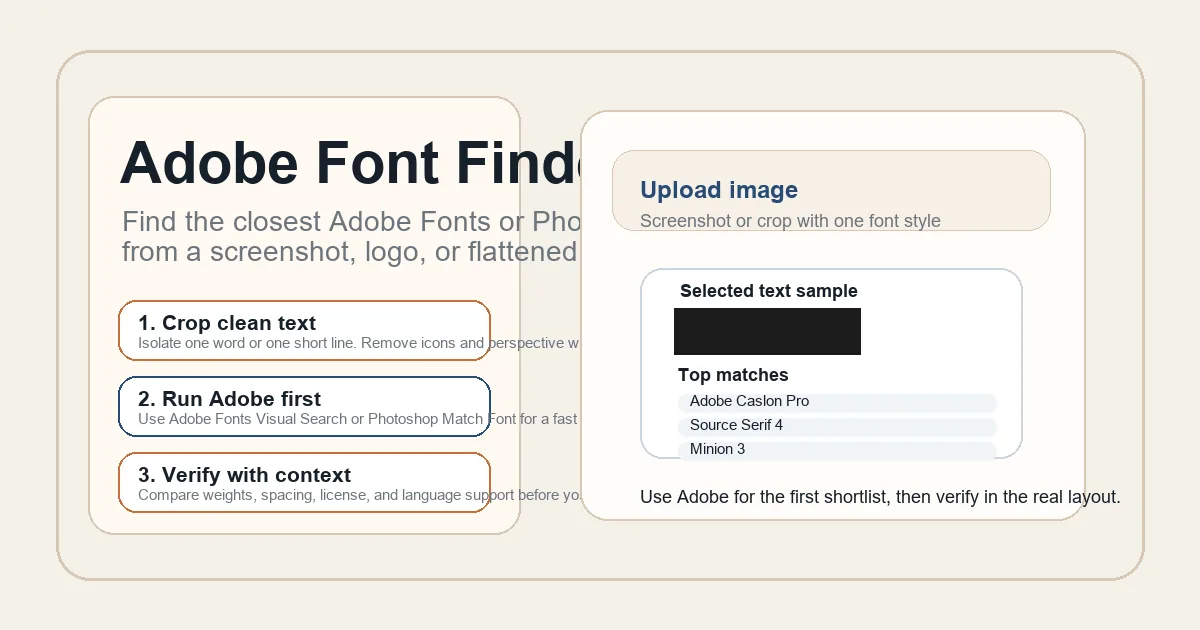 Adobe font finder article cover showing screenshot upload, Adobe shortlist, and workflow notes