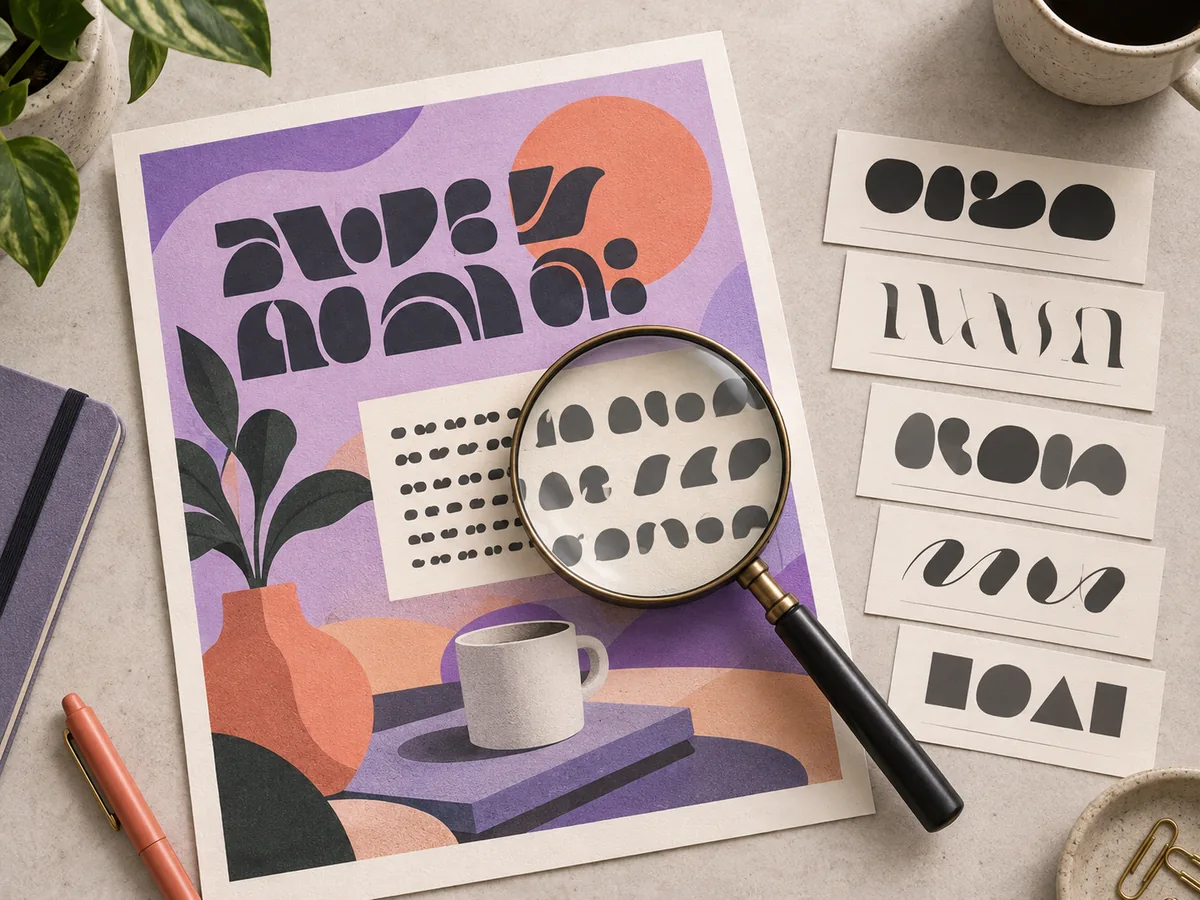 Illustration éditoriale d’un design de type Canva, d’une loupe et de spécimens de polices