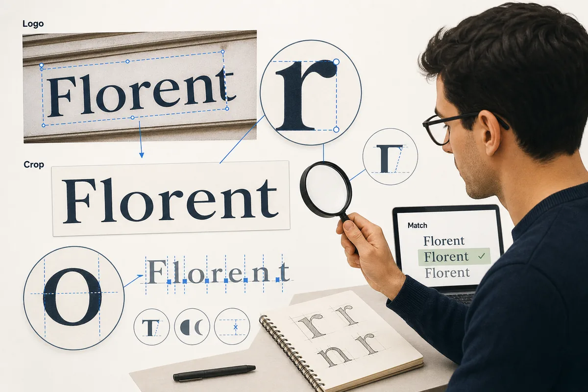 Logo font finder workflow with cropped logo text and magnified letterform clues