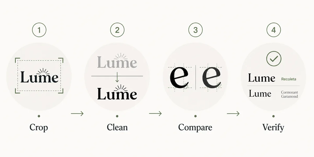 Step flow for cropping a logo image, cleaning contrast, comparing letterforms, and verifying the font match