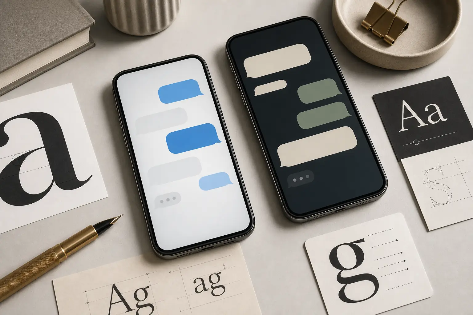Editorial illustration of phone message bubbles and typography samples for identifying message fonts