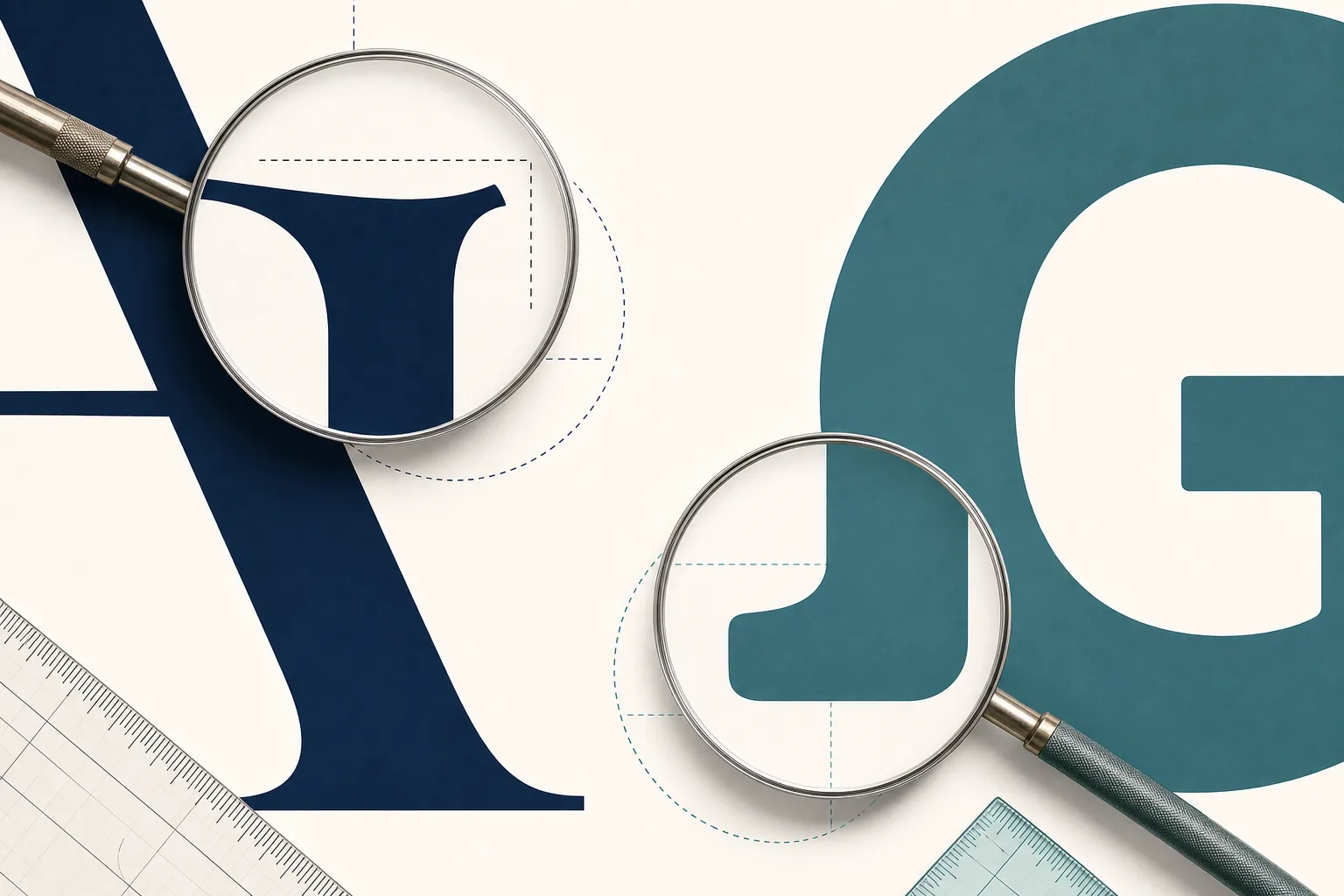 Terminales serif y sans serif ampliados junto a herramientas de medición
