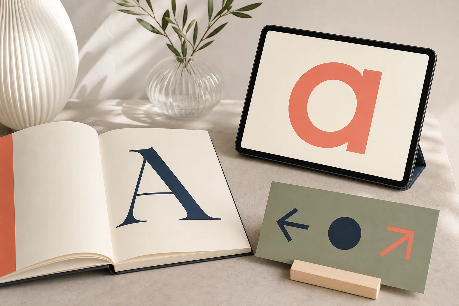 Libro abierto con una letra serif junto a una tableta y señal con formas sans serif