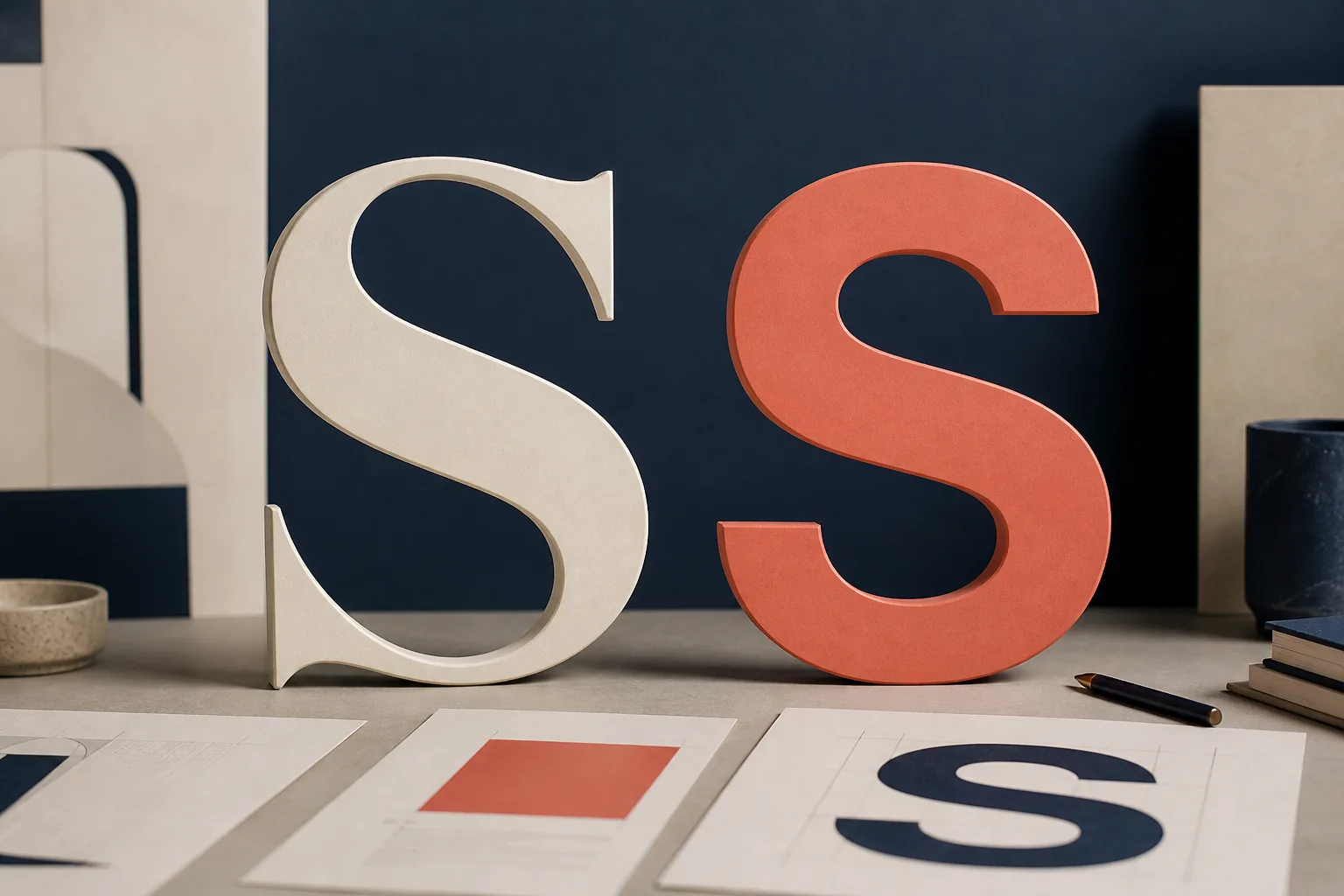 Grandes formas tipográficas serif y sans serif comparadas sobre una mesa de diseño