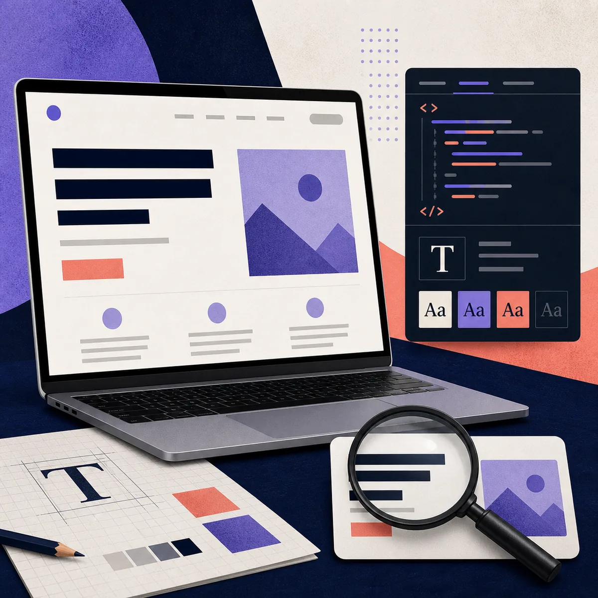 Ilustração editorial de um laptop, captura de site, lupa e painel de inspeção de fontes